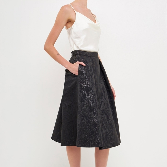 Endless Rose Shimmering Black Metallic Jacquard Flare Midi Skirt Size Medium - Picture 1 of 11